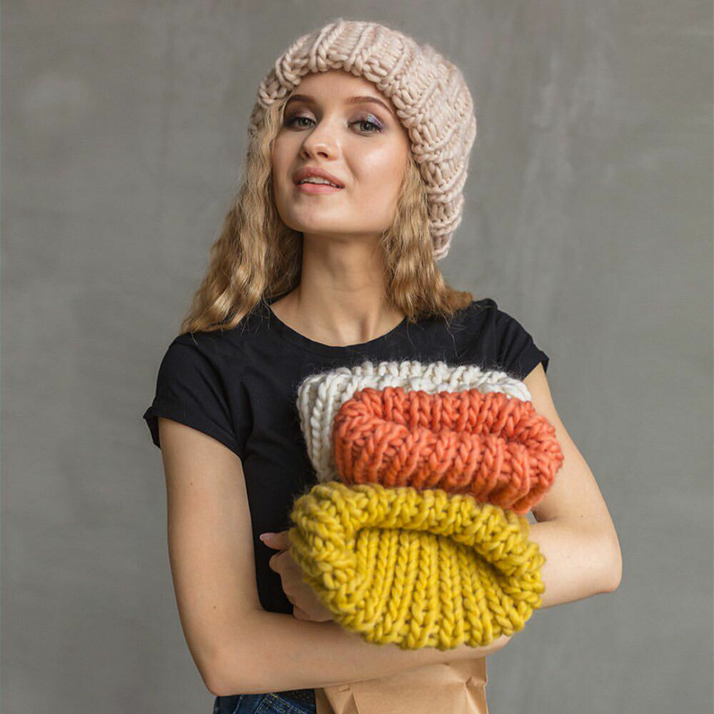 

Fashion European Women Hat Winter Hats For Women Beanie Pure-Color Curled Coarse Wool Cap Warming Knitted Beanies, Black