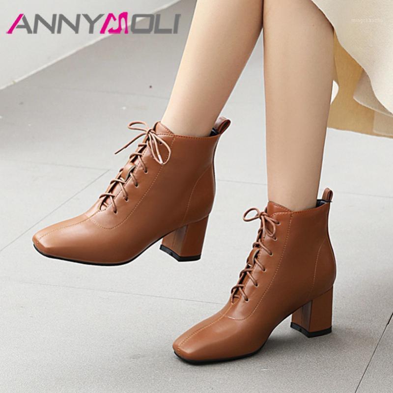 

ANNYMOLI High Heel Ankle Boots Woman Boots Square Toe Short Lace Up Thick Heel Female Shoes Autumn Winter Beige Size 33-461