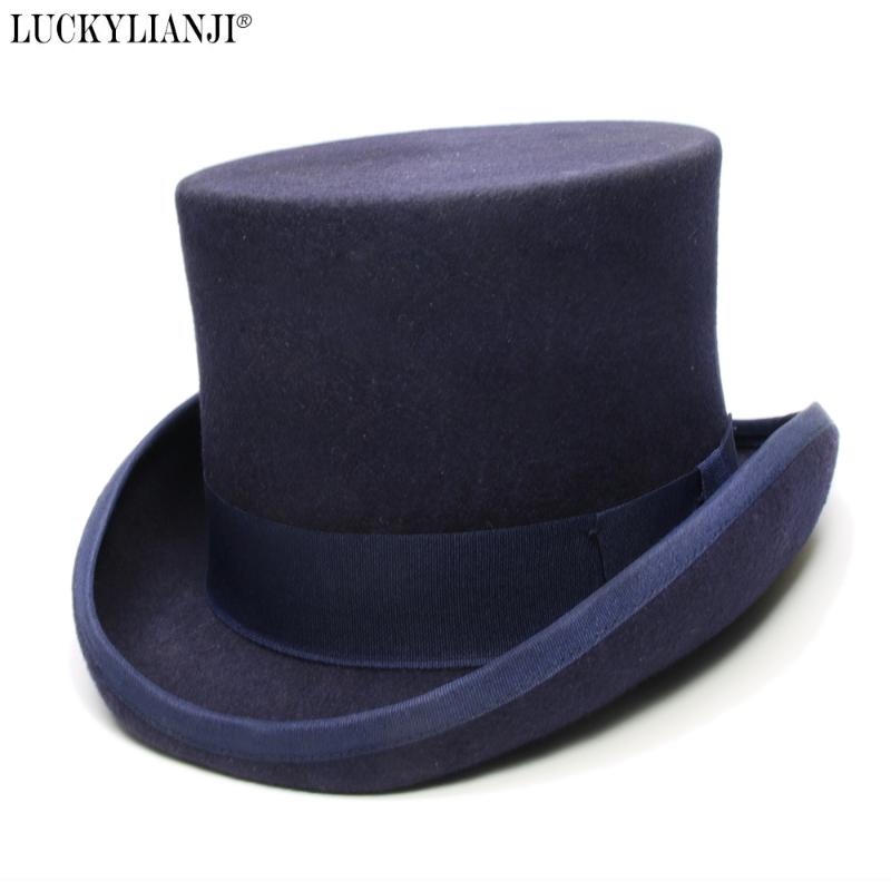 

LUCKYLIANJI 4 Sizes Women's Men's High Top Round Flat Top Wool Felt Vintage Magician President Lincoln Gentleman Bowler Hat, Black
