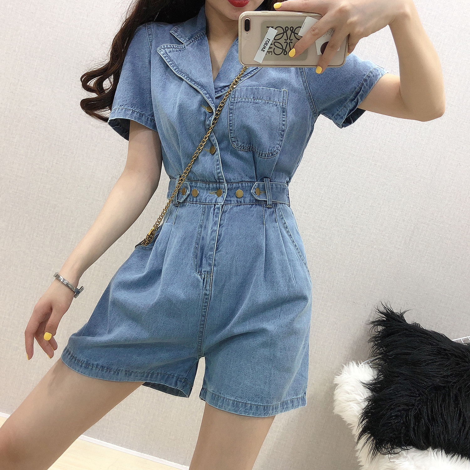 

2021 New Korean of Xuan Yafeng high waist was thin street trend denim jumpsuit female summer new wide leg shorts 6QHD, Dark blue