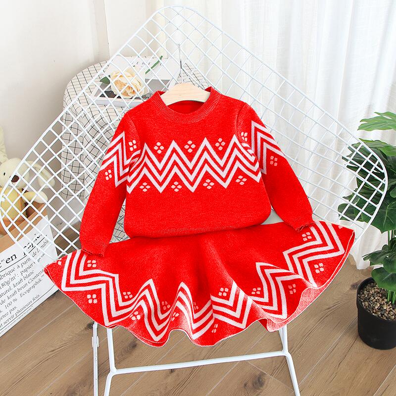 

Autumn Winter Girls Dress Geometric Pattern Children Girls Clothes Long Sleeve Tops+Tutu Dress 2pcs Christmas Costume Clothing, White
