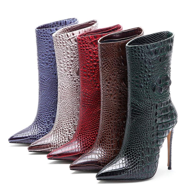 

2021 New Brand Women Boots Fashion Super High Heels Ankle Boots Crocodile skin Autumn Pointed Toe Winter Female Calf, Green 12cm