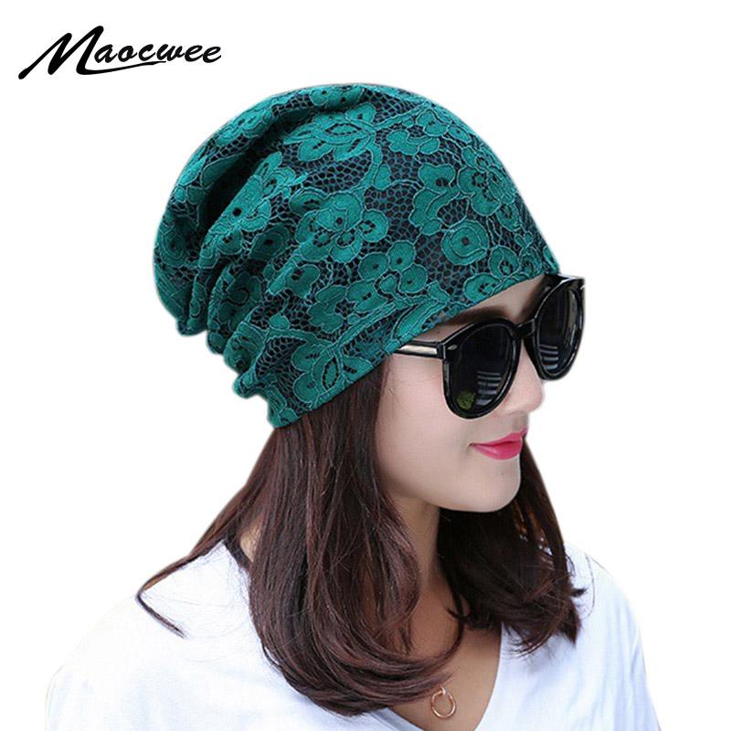 

Spring Autumn Green Turban Bonnet Caps Women Fashion Lace Flower Thin Beanies Hat For Ladies Sckullies Gorros Mulheres Beanie, Black