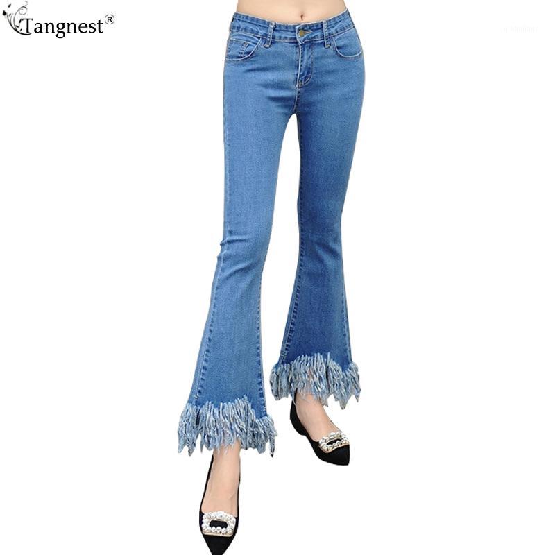 

TANGNEST Tassel Edge Ankle Length Flared Jeans 2020 Fashion Woman Skinny Bugle Pants Bell-bottom Denim Trousers Plus Size WKN4631, White