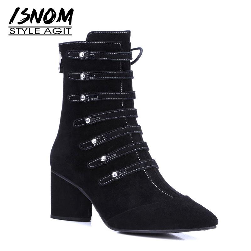 

ISNOM High Heels Women Ankle Boots Pointed Toe Cross Tied Footwear Genuine Leather Female Boot Party Shoes Women Winter 2021 New