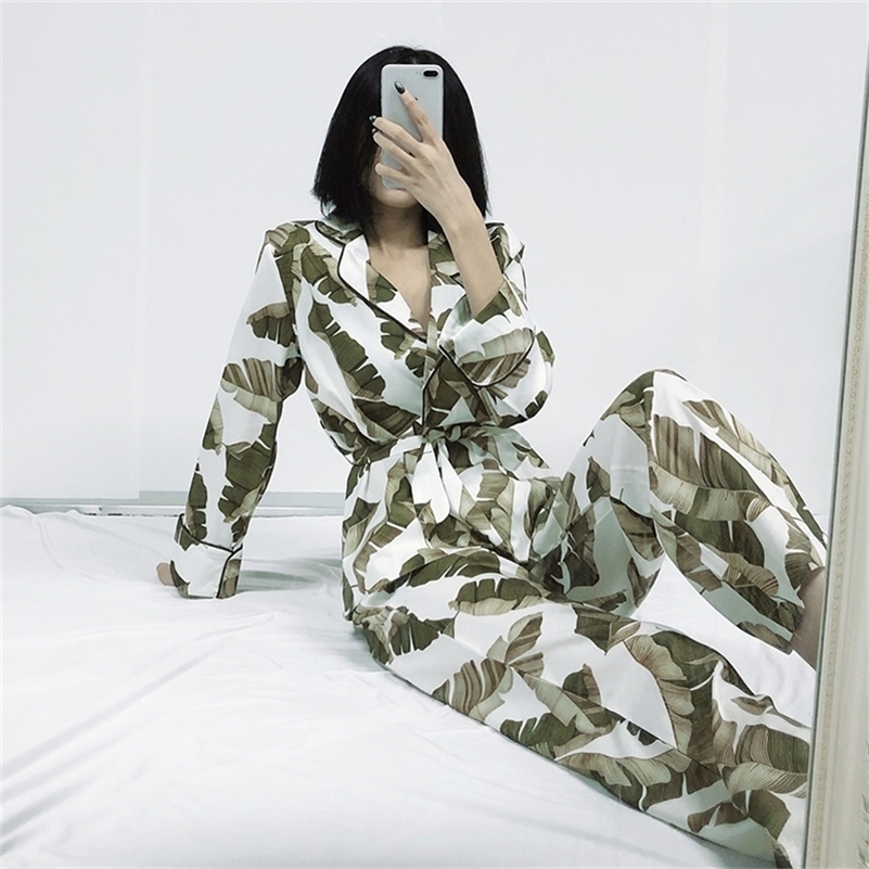 

HiLoc Banana Leaf Robe Sets Long Sleeve Satin Pajamas Tropical Graphic 2 Piece Set Women Sleepwear Home Suit Sets Bathrobe 201113, Print