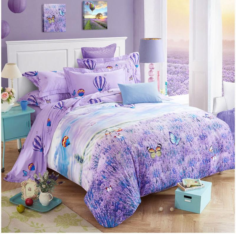 

New purple 100% Cotton Sanding Printed Flower Bedding Set Luxury Royal Bed Sheet set Duvet Cover Pillowcase Queen King 4pcs, Color 3