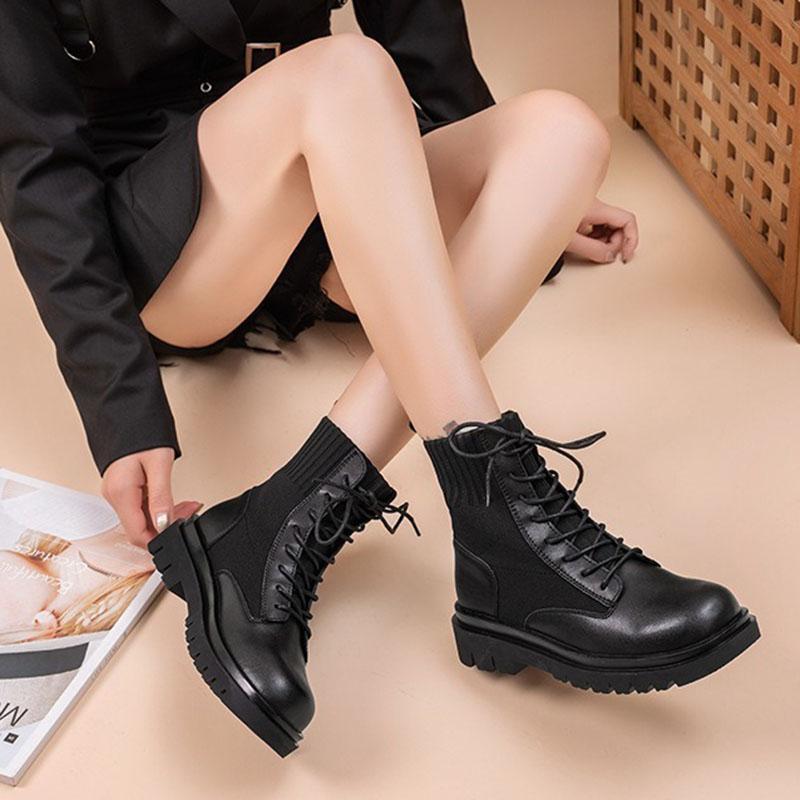

Leather knitted boots women 2021 autumn winter new fashion leather boots ladies wild comfortable short womens shoes, Black