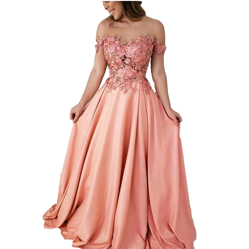 

2022 Sexy Peach A-Line Long Bridesmaid Dresses Floor Length Flower Lace Appliques Crystal Satin Off Shoulder Evening Dress vestidos de fiesta de noche Plus Size