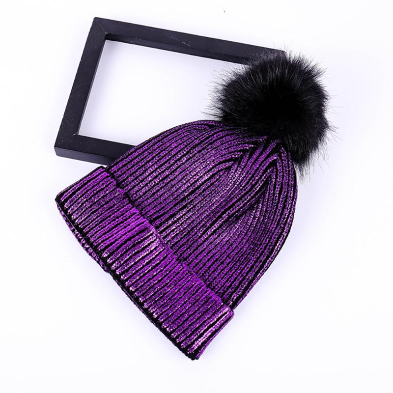 

Women Hats Pompom Cap Beanie Crochet Windproof Hair Ball Autumn Winter Soft Shiny Girl Solid Cute Warm Knitted, Black