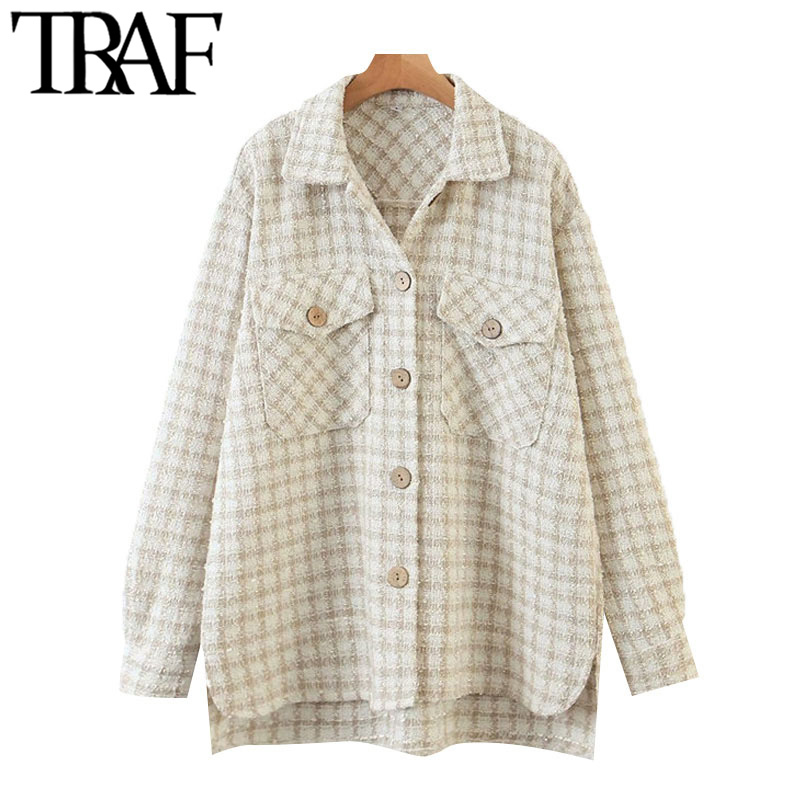 

TRAF Women Fashion Tweed Plaid Loose Irregular Jacket Coat Vintage Long Sleeve Pockets Female Outerwear Chic Tops 201112, As picture