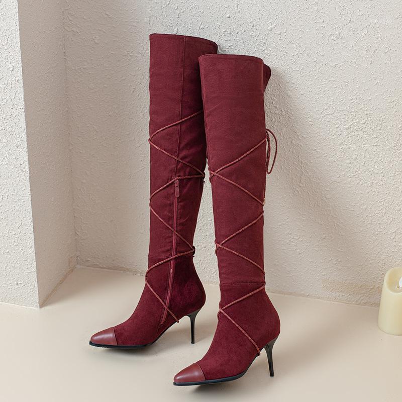 

Women Thigh High Boots High Heels Pointed Toe Lace Up Ladies Shoes Sexy Cross Strap Platform Stiletto Over The Knee Long Boots1, Black