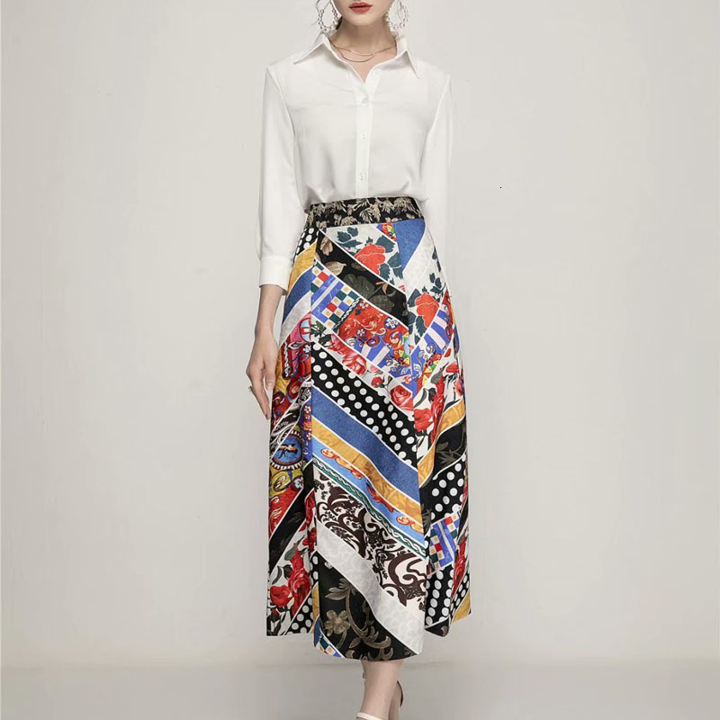 

2021 Spring Stylish White Temperament Long-sleeved Shirt Retro Print Thin Fitting Half Skirt Suit Women Clothes Q0fq, Multiple