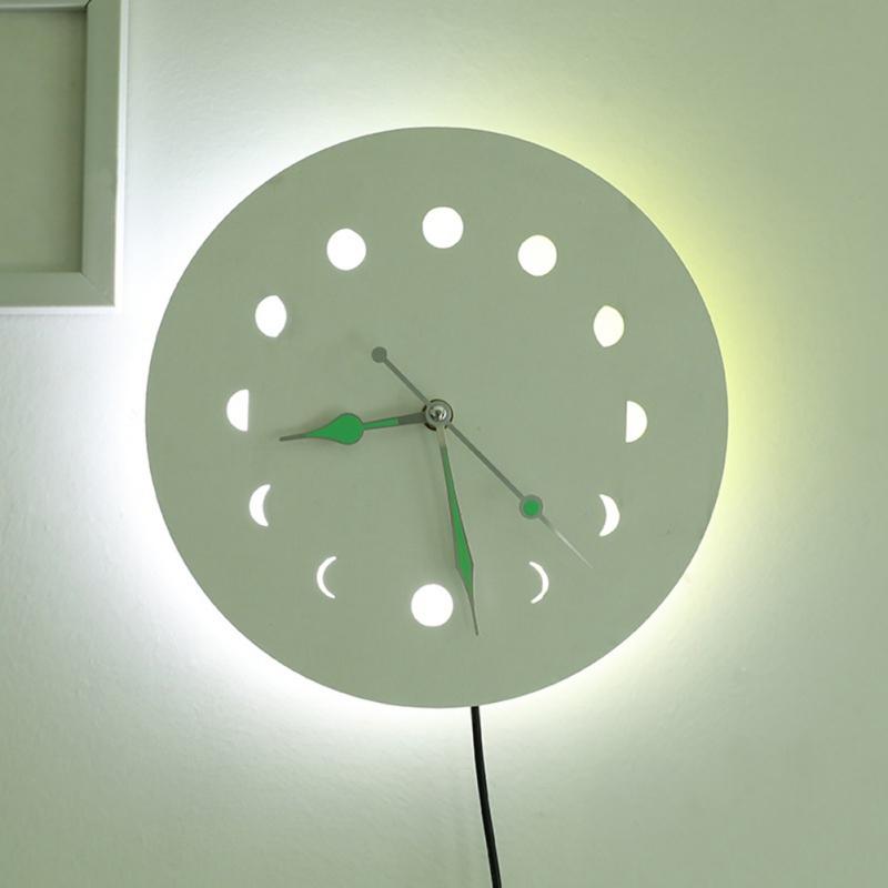 

Wooden 3D Wall Clock Retro Style Moon Phase Wood Fluorescent Wall Clock Mute With Backlight Simple Home Decoration