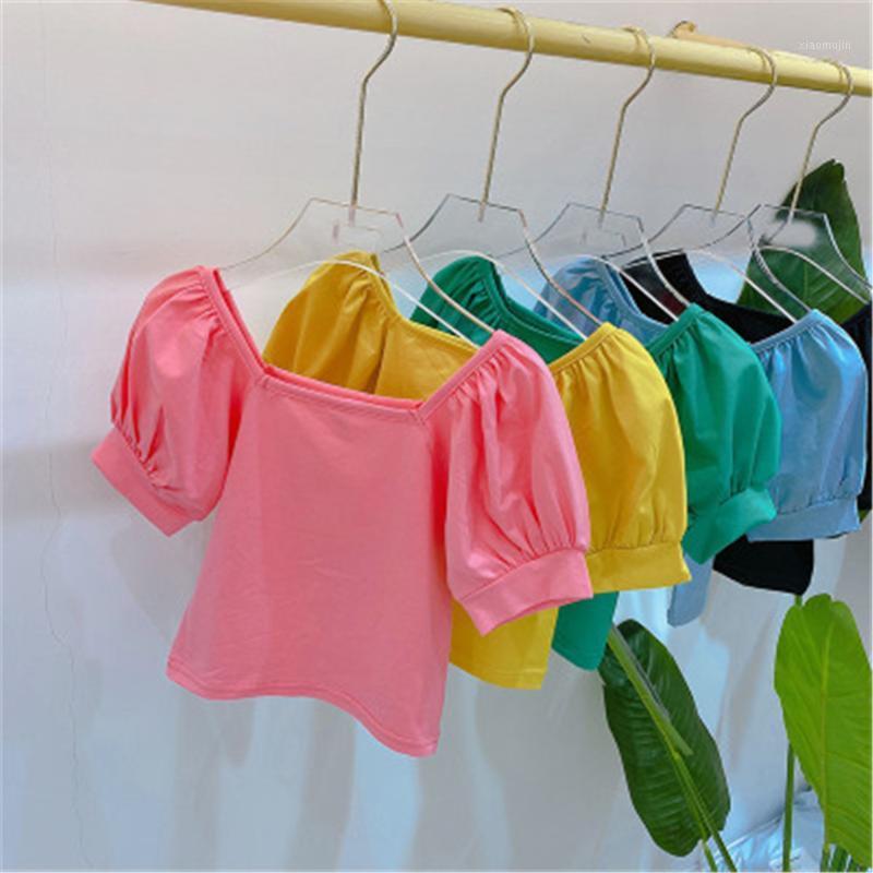 

2020 Summer New Arrival Girls Fashion Candy Color Tops Kids Puff Sleeve Blouse Shirt Kids Vintage Tops 47051, Black