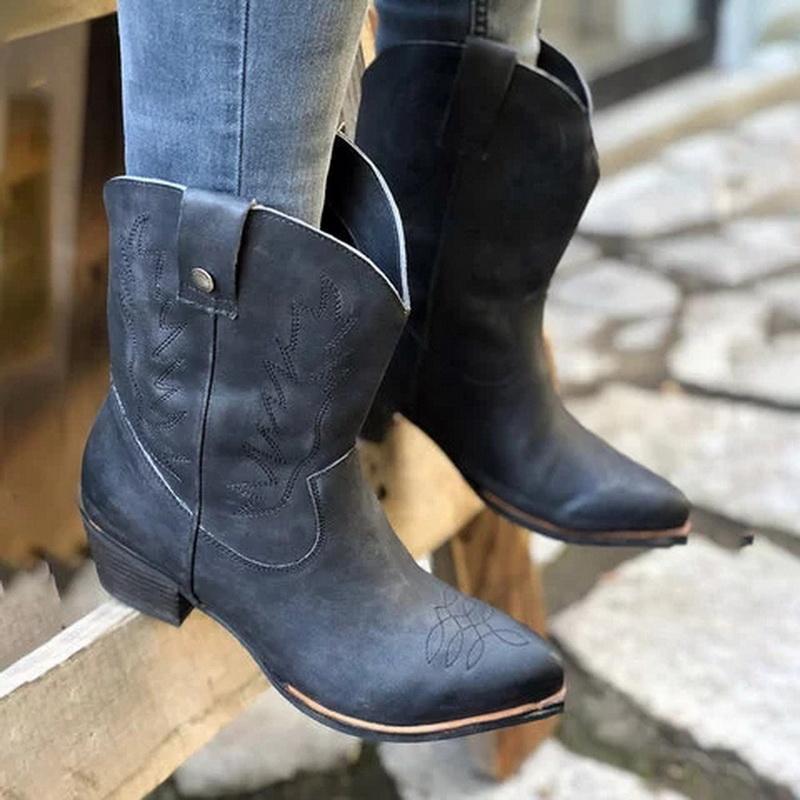 

Adisputent Classic Embroidered Western Cowboy Boots For Women Leather Cowgirl Boots Low Heels Shoes Knee High Woman, Brown