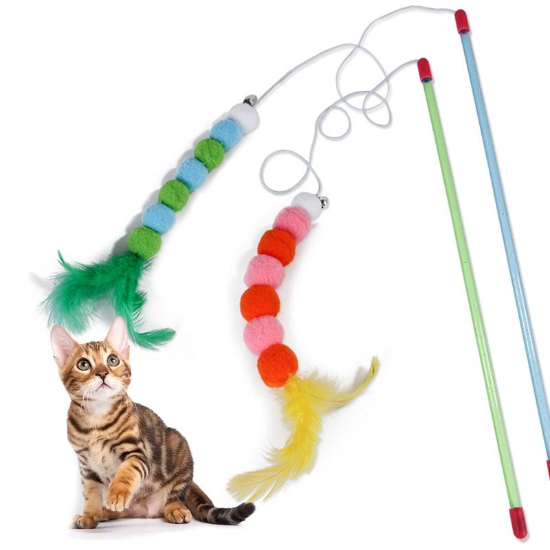 

Kitten Funny Playing Interactive Toy Cat Teaser Pompom Feather Wand Kitten Play Chase Toy With Small Bell