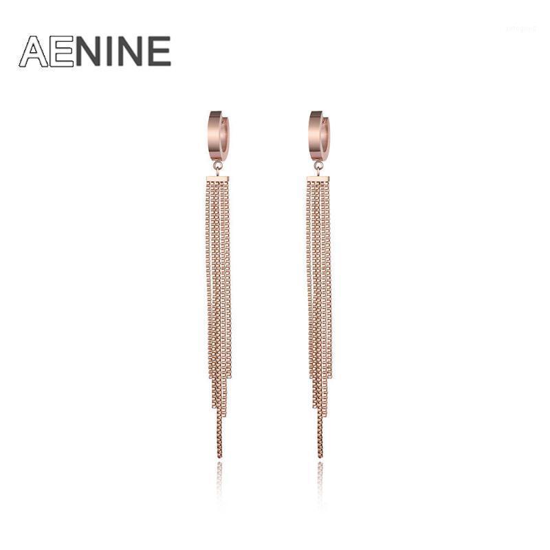 

Charm AENINE Creative Rose Gold Color Long Tassel Hoop Earrings Fashion Titanium Steel Anniversary For Party Women AE170691