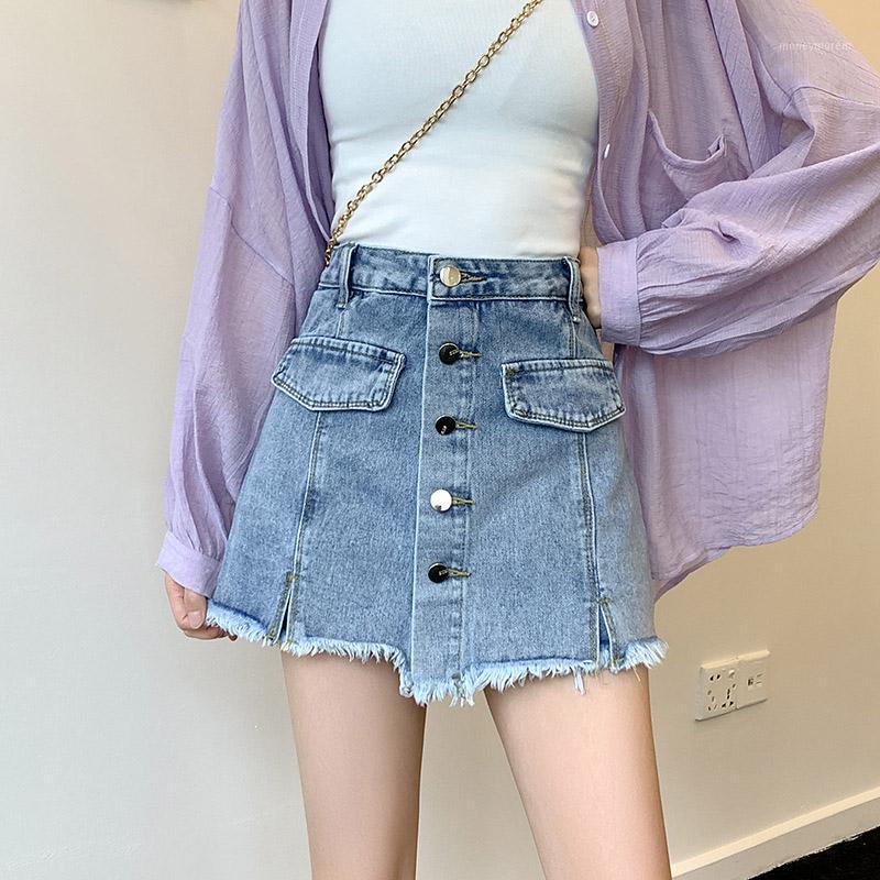 

Women Summer Denim Irregular Tassel Mini Skirt Button Patchwork Hem High Waist Lady Skirts Korean Female Fashion Streetwear1, Blue