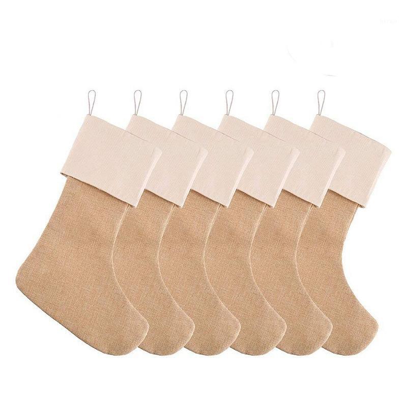 

Big deal 6Pcs Christmas Stockings Gifts Candy Bag Santa Claus Sock Christmas Tree Home Decoration Linen Cotton Striped Hang Cand1