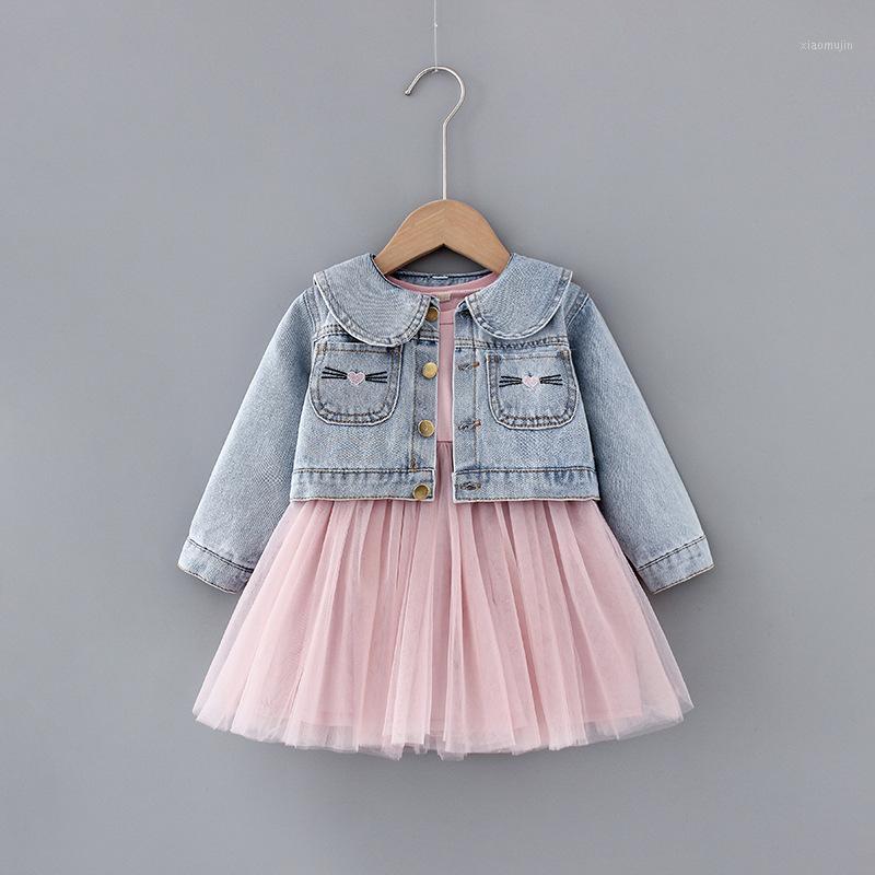 

Spring Baby Girl Cute Dress Cowboy Mesh Dress+Denim coat 2pcs sets Children Sweet Princess Dress suit Kids baby girl cloths1, As pic