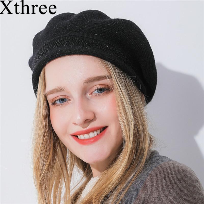 

Xthree winter hat for women Cashmere beret hat Bright silk thread knitted fur beret for girl fashion lady cap, Black
