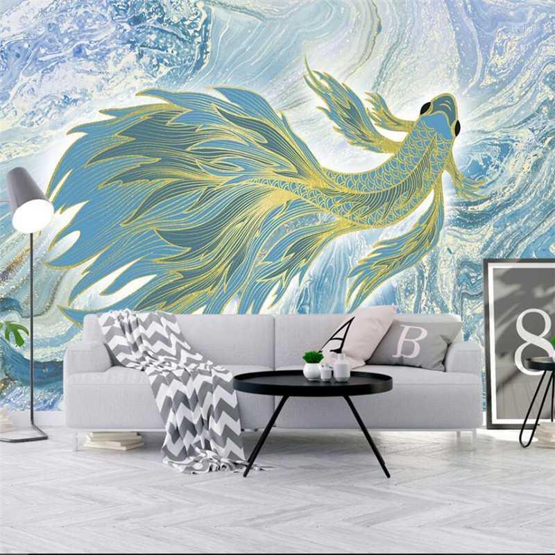 

Customize Modern minimalist abstract line goldfish TV sofa wall custom large mural green wallpaper papel de parede para quarto1, Silk cloth
