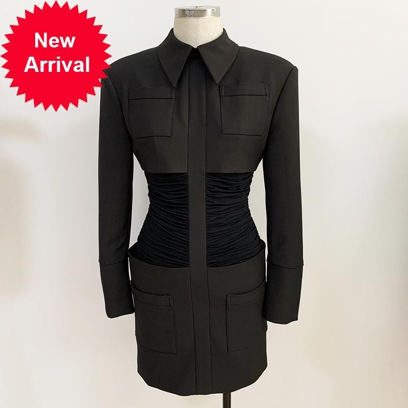 

2021 New Vintage Autumn New Black Women Button Plied Luxury Fashion Design Chic Strain Mesh Thin Line Long Sleeve Dress Dmig, Blue