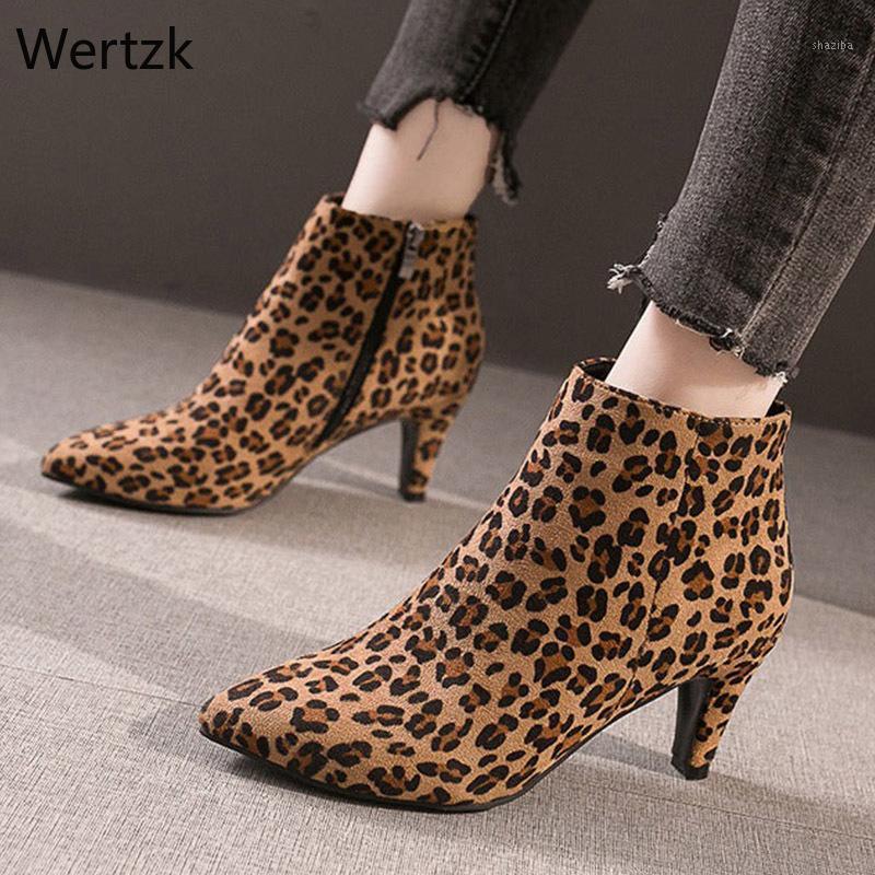 

Women Leopard Zip Spike High Heels Pointed Toe Ankle Boots Ladies Flock Fashion Short Boots Female Short Plush Casual Shoes B0371, Black