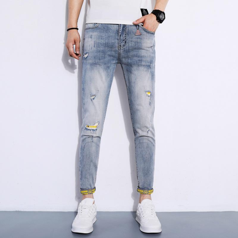 

Patch Men Light Ripped Blue Jeans Korean Style Jean Slim Fit Stretch Denim Ankle-Length Pants 2020 Fashion Summer Trousers, Light blue