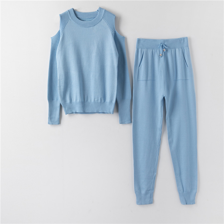 

2021 New Fashion Women Sweater Customes Autumn Winter Pullovers Thick Soft Long Pant Knitted Sets Casual 2pcs Track Suits I5x4, Blue