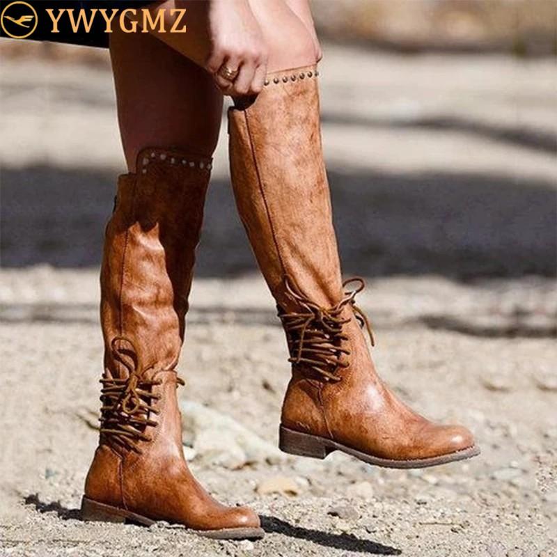 

Women New 2020 Fashion Motorcycle Boots Winter Thickened Keep Warm Long Boots Square Heel Lace Up Botas Mujer, Black