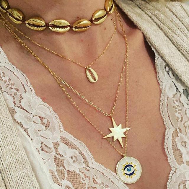 

2020 Boho Shell Necklaces Multiple Pendants Necklace Round Eye Geometry Women Jewelry Golden Chain Femme Fashion Dangle Shine