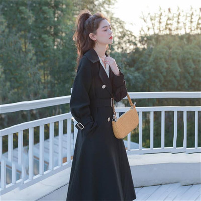 

Black high-end over the knee casual Korean temperament Windbreaker Women' Spring Autumn Long Trench Coat British style b5071