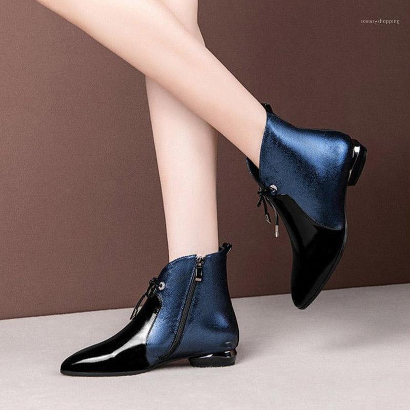 

Women Ankle Boots 2020 Winter Autumn Gladiator Boot Patchwork Low Heels Dress Shoes Pointed Toe Patent Leather botas mujer 8837L1, Cotton