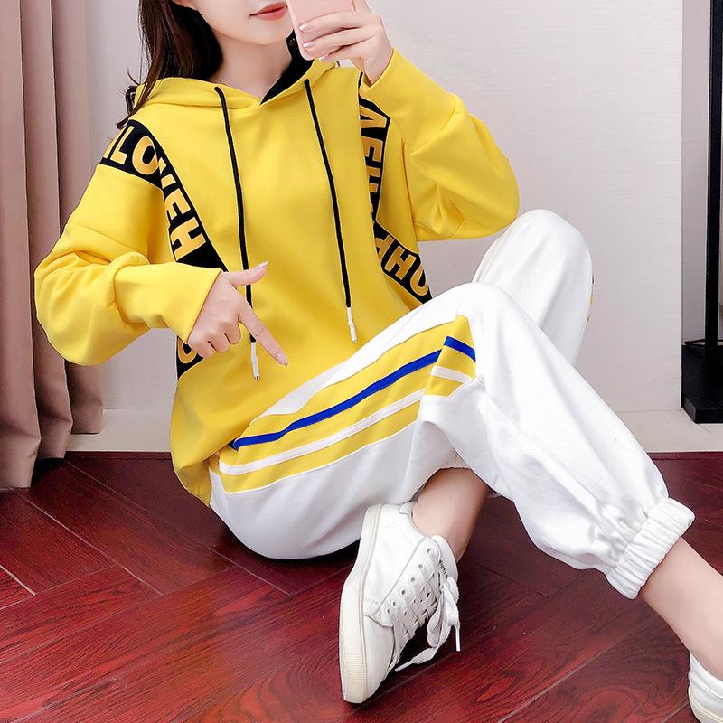 

2020 Autumn Women's Set Oversize Casual Sports Suit, Female Suit Fashion Korean-Style Loose Hooded Sweater Sweet Two-Piece, Yellow