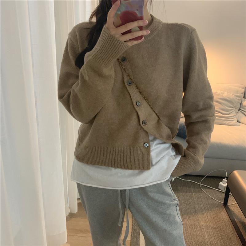 

Make firm offers han edition design inclined buckle contracted cardigan sweater, Black