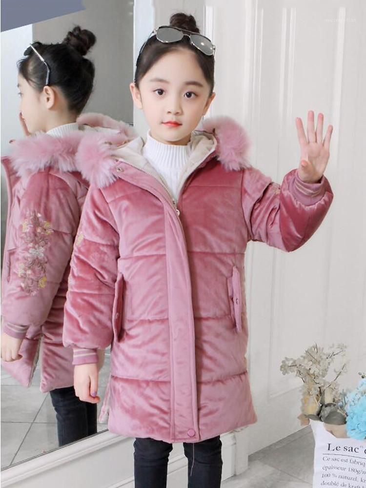 

New Winter Girls Fashion Jackets Girls Long Velour Down Jacket For Thicken Coat Fur Collar Hooded Outerwear Children Clothing1, Blue