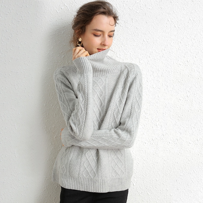 

Women's High Collar Sweater Pure Colors diamond Soft Solid Sweater 100% Merino Wool Cashmere Sweater Autumn and Winter Warm 201203, Light grey