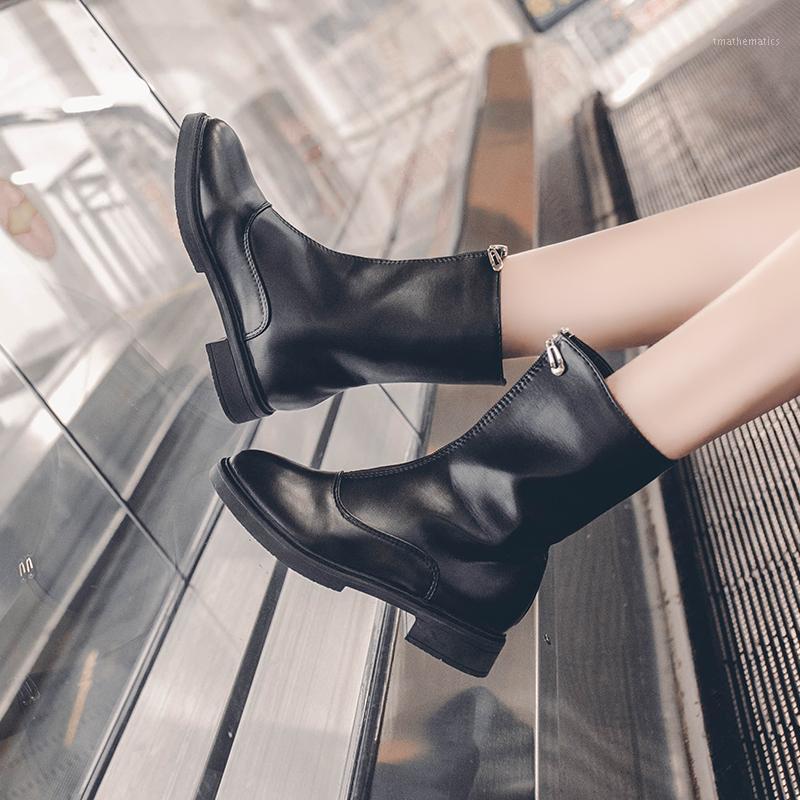 

New Winter Ankle Boots for Women Shoes Woman Platform Thick Sole Solid Black Leather Boots Zipper Square Low Heels Women1, White