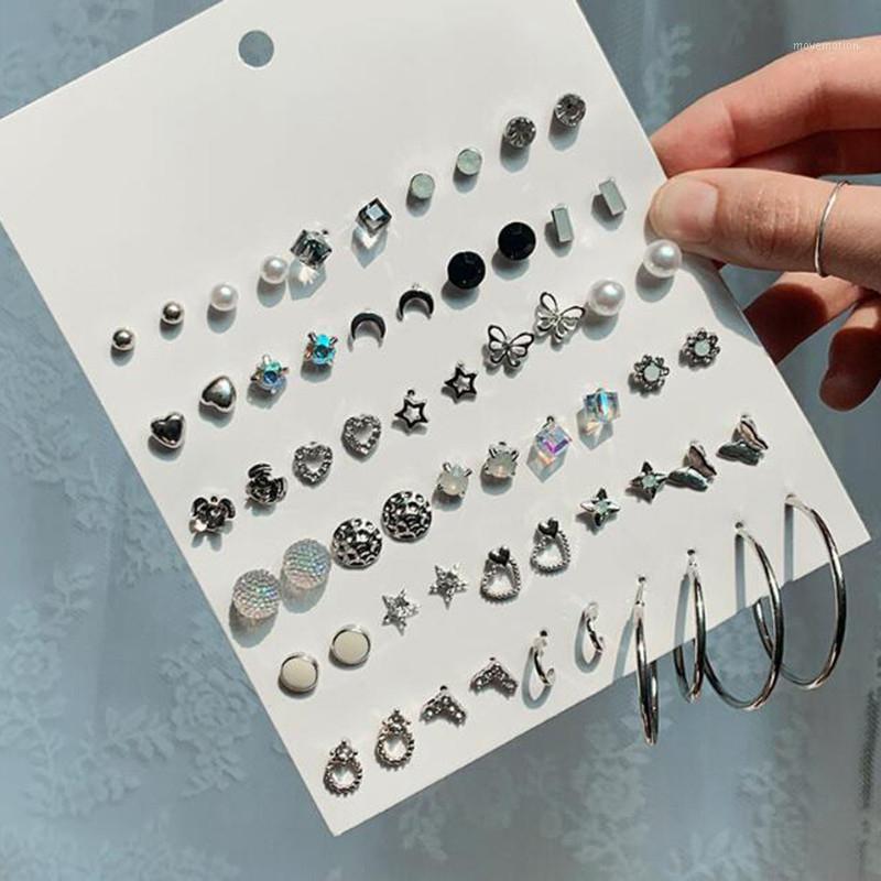 

30 Pairs/lot Women's Stud Earrings Set Mix Heart Lock Cross Geometry Crystal Earings Imitation Pearl Ear Studs earrings rings1