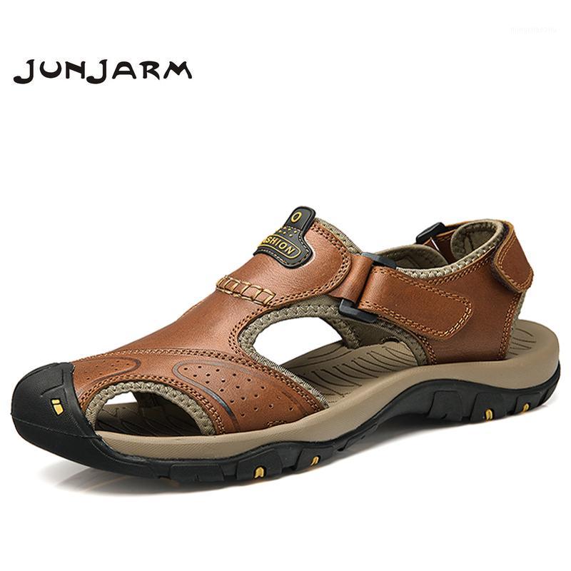 

JUNJARM Men Sandals Genuine Leather Men Beach Roman Sandals Casual Shoes Flip Flops Slippers Sneakers Summer Shoes1, Dark-brown