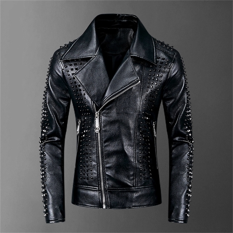 

Rivets PU Jackets Men Black Slim Turn-down Neck Zipper Full Streetwear Motorcycle Faux Leather Coats Casacas Para Hombre 201104