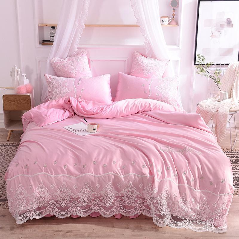 

2020 New washed silk 4-piece bedding set large lace embroidered 1.8x2.0 bedsheet quilt cover 200x230 wholesale1, White
