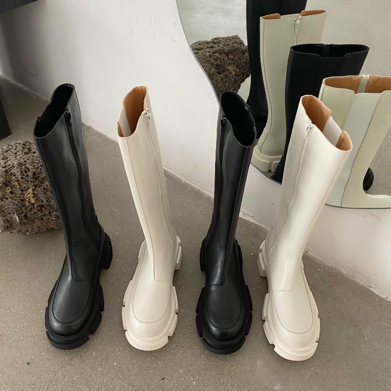 

Boots MONMOIRA Round Toe Platform Riding Women Black Punk Chunky Heel Knee Side Zip Designer Shoes