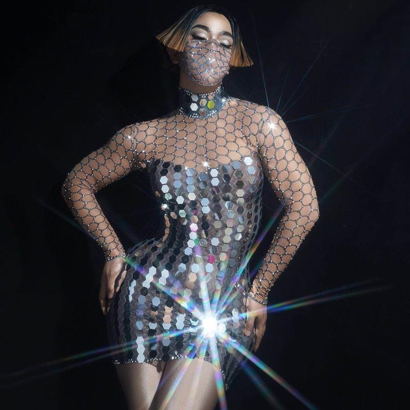 

Reflective Mirrors Silver Rhinestones Mesh Mini Dress Nightclub Singer Sequins Dresses Women Birthday Celebrate Outfit DN6073, As picture