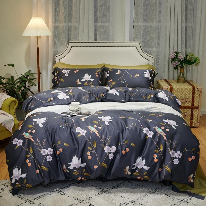 

100%Egyptian Cotton Soft Bedding Chic Botanical Leaves Birds Grey Duvet Cover Set Bed Sheet Pillow shams Queen King size 4Pcs, Color 5