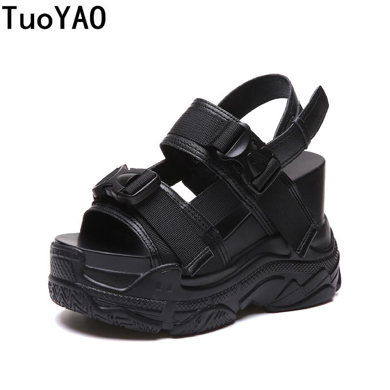 

New Arrival 2020 Summer Platform Sandals Women 11.5CM Wedges Thick Bottom Casual Shoes Comfortable White Buckle Sandals Sneakers, Black