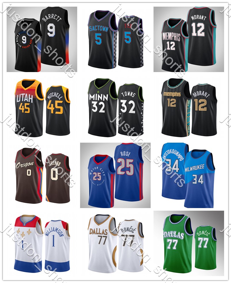 

Youth Mitchell 45 Morant 12 Lillard 0 Barrett 9 Fox 5 Towns 32 Doncic 77 Antetokounmpo 34 Rose 25 Williamson 1 Embroidery Jerseys Shirts, Color1