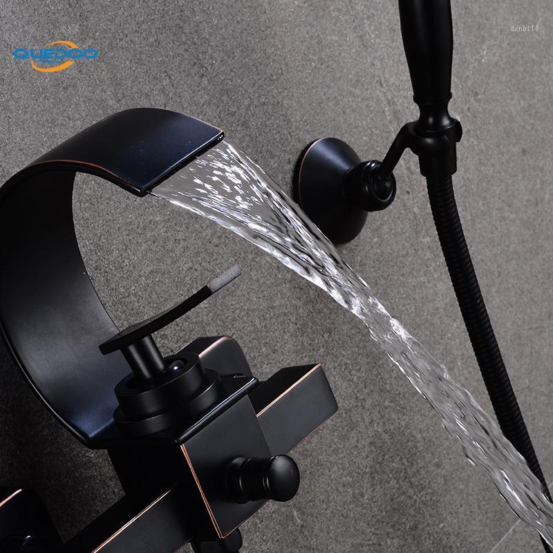 

Shower Faucets Square Wall Mounted Waterfall Spout Bathroom Bath Handheld Shower Set Tap Mixer Bathtub ORB Faucet1